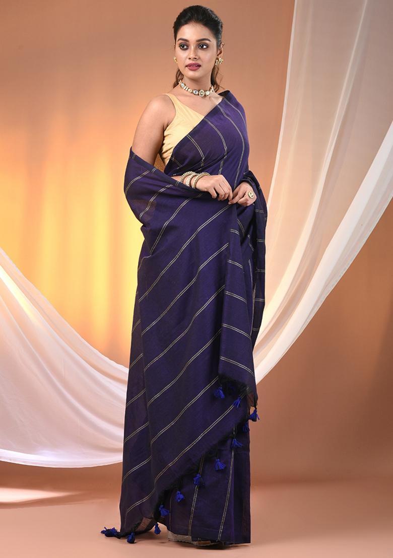 Purple Floral Embroidery Cotton Saree Set - Indya