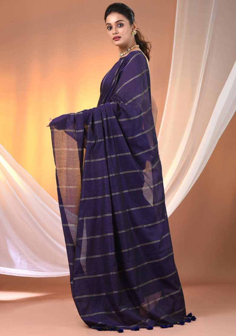 Purple Floral Embroidery Cotton Saree Set for Diwali and Festive Wear - Indya