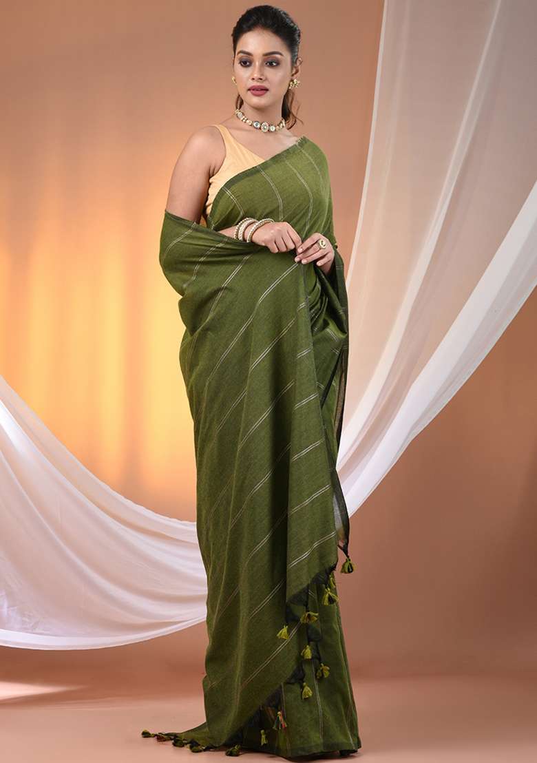 Green Floral Embroidery Cotton Saree Set for Diwali and Festive Wear - Indya