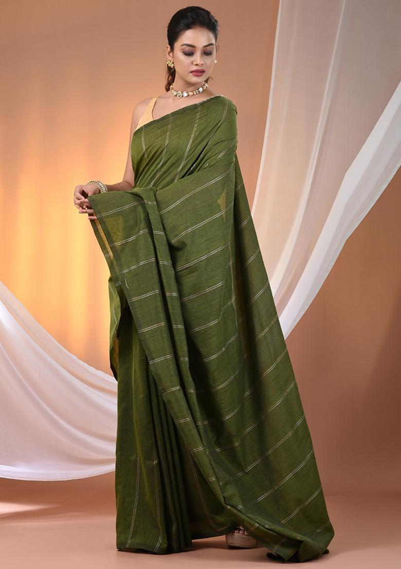 Green Floral Embroidery Cotton Saree Set - Indya
