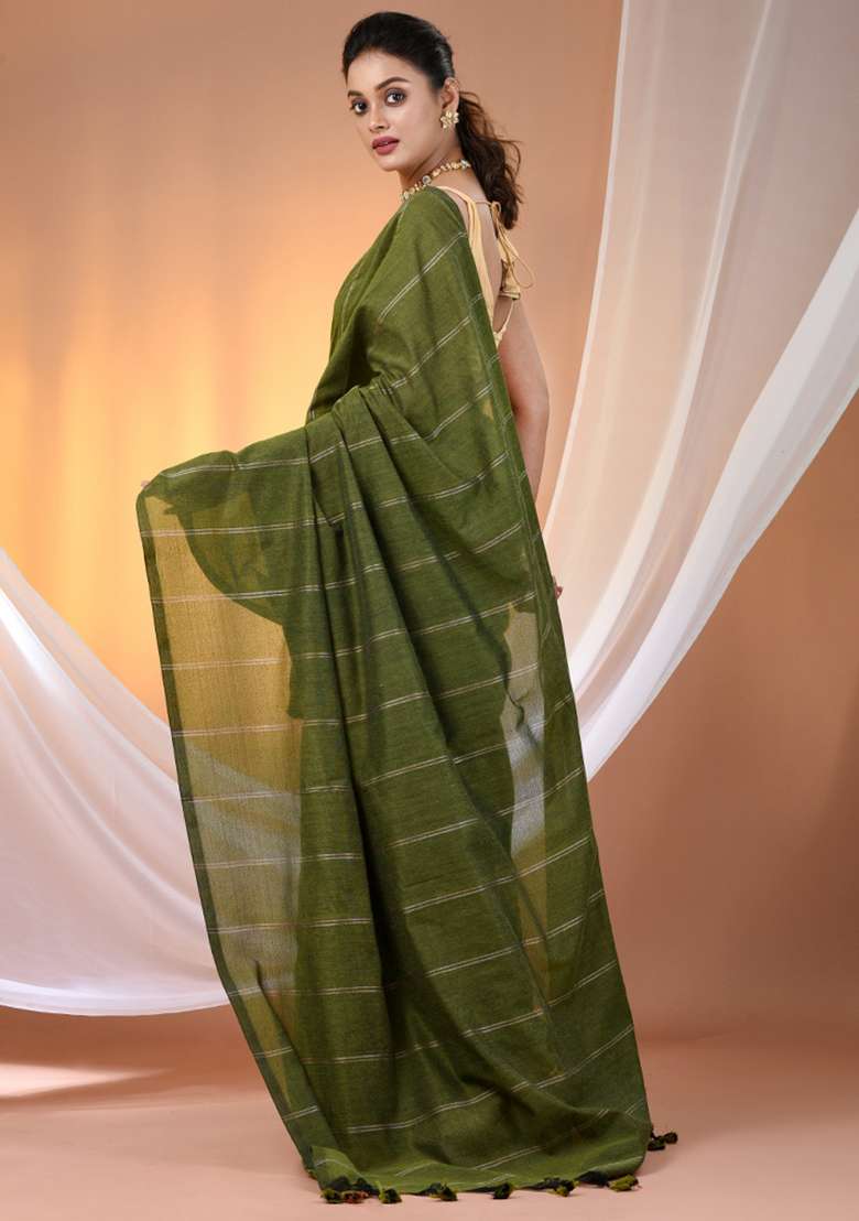 Green Floral Embroidery Cotton Saree Set for Diwali and Festive Wear - Indya