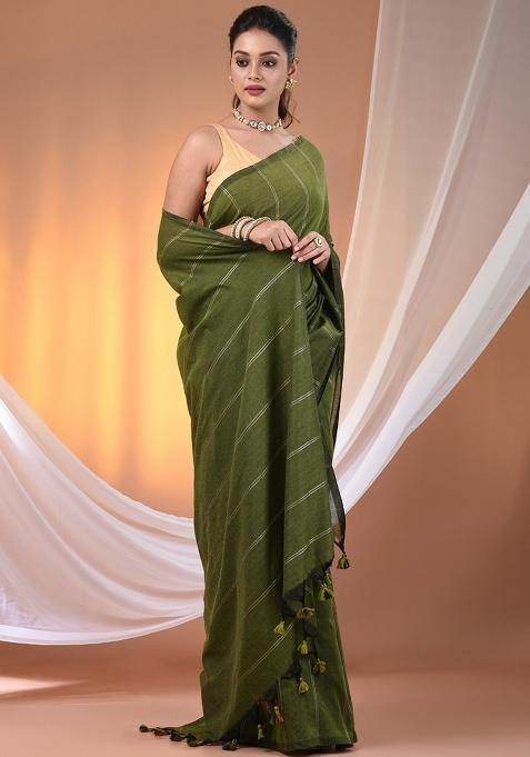 Green Floral Embroidery Cotton Saree Set