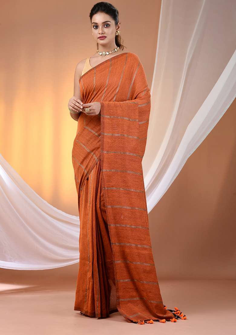 Orange Floral Embroidery Cotton Saree Set for Diwali and Festive Wear - Indya