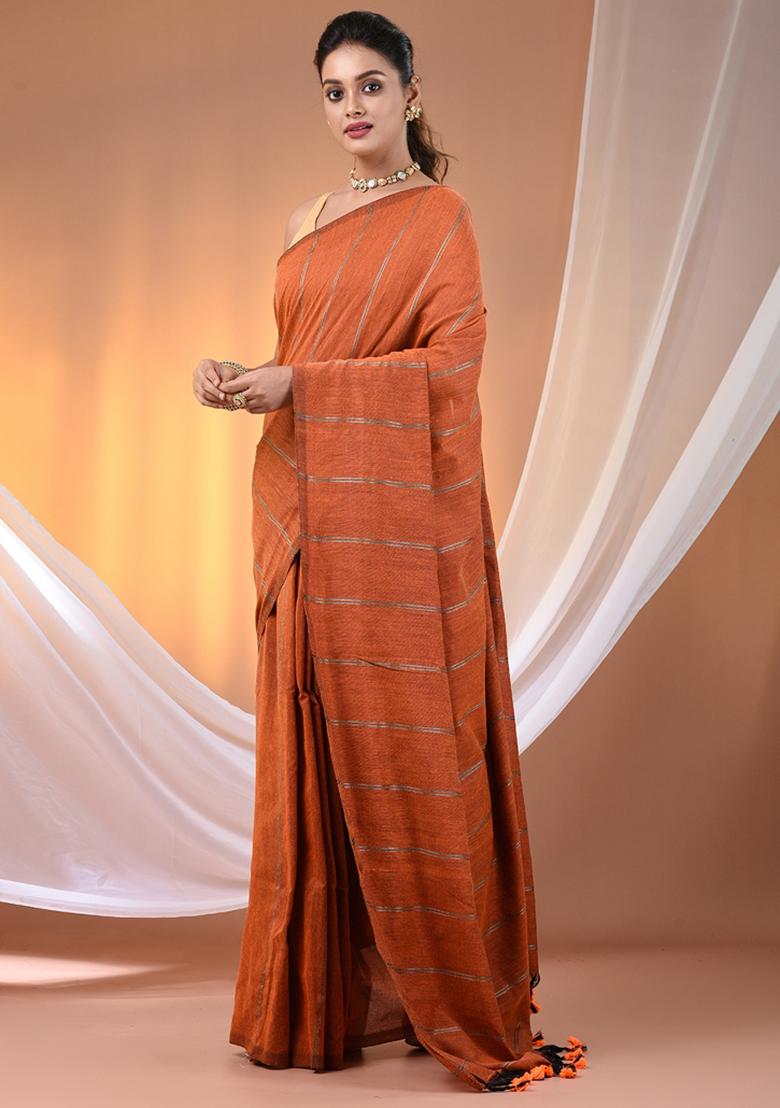 Orange Floral Embroidery Cotton Saree Set - Indya