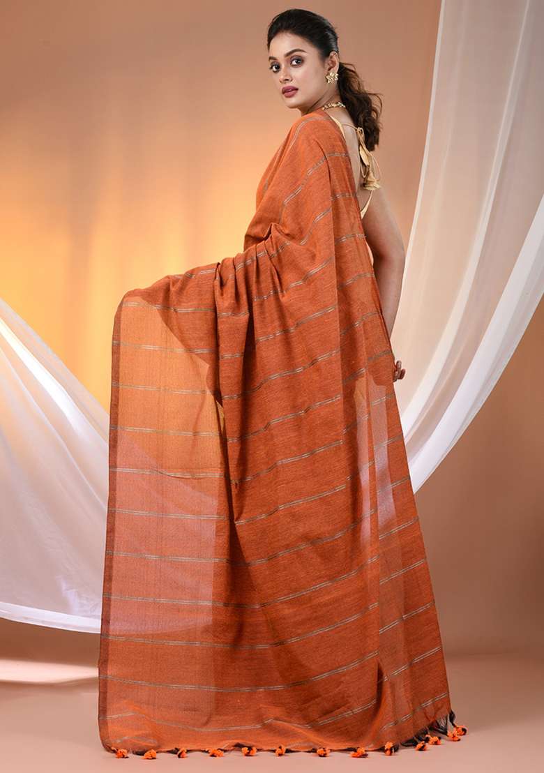 Orange Floral Embroidery Cotton Saree Set for Diwali and Festive Wear - Indya