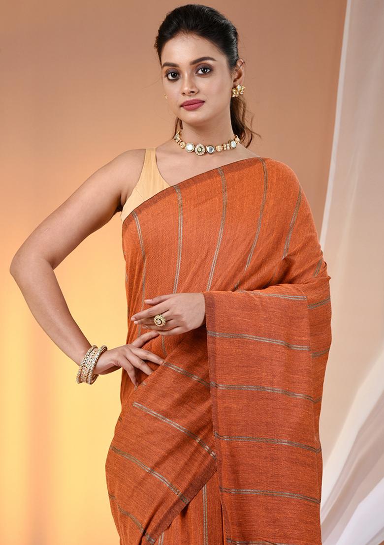 Orange Floral Embroidery Cotton Saree Set - Indya