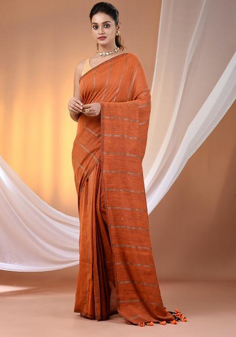 Orange Floral Embroidery Cotton Saree Set
