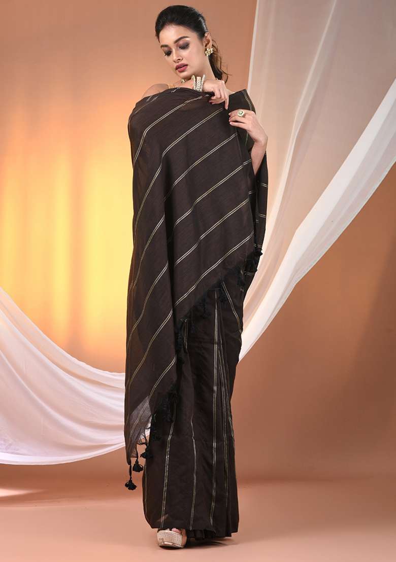 Brown Floral Embroidery Cotton Saree Set for Diwali and Festive Wear - Indya
