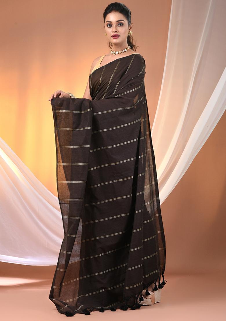 Brown Floral Embroidery Cotton Saree Set - Indya