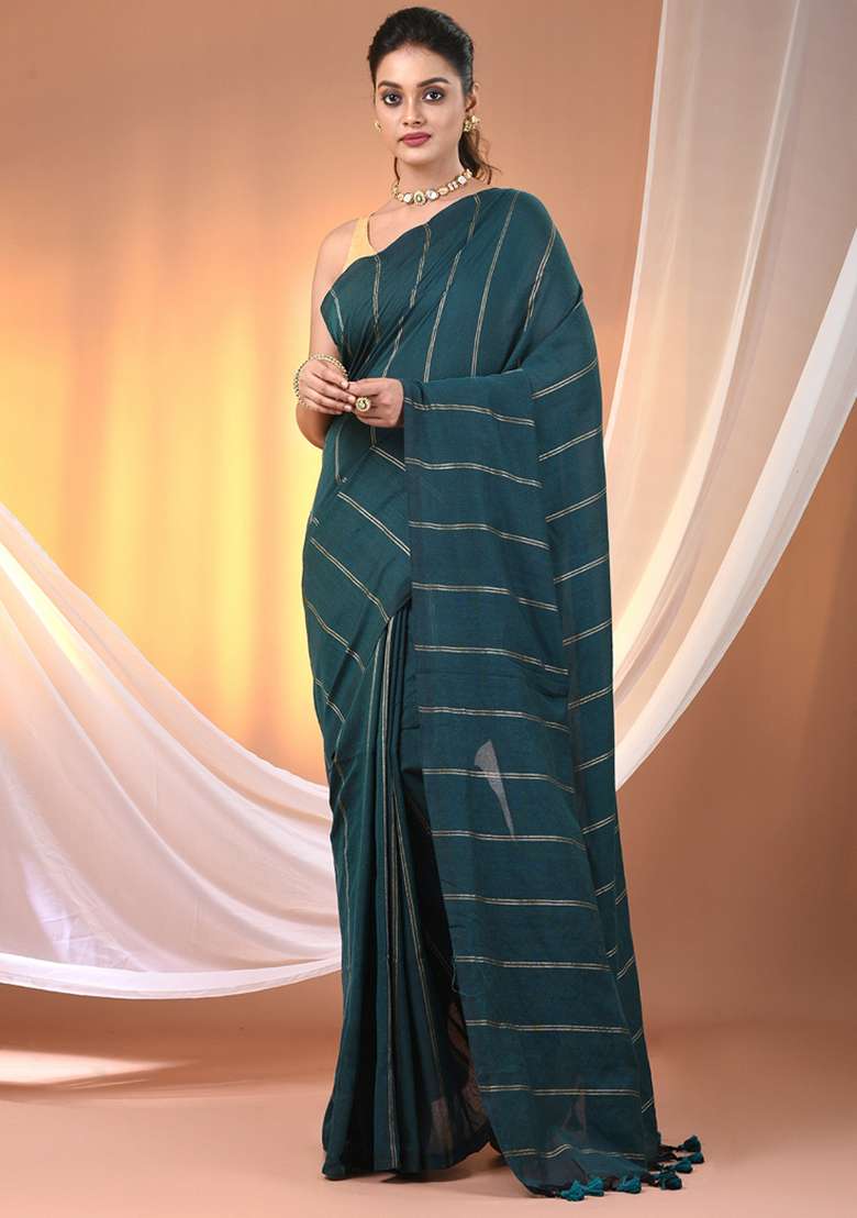 Teal Floral Embroidery Cotton Saree Set for Diwali and Festive Wear - Indya