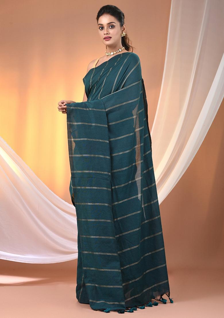 Teal Floral Embroidery Cotton Saree Set - Indya