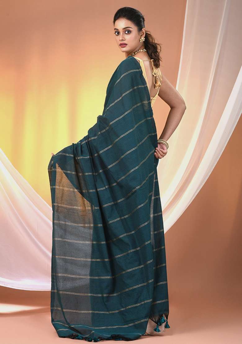 Teal Floral Embroidery Cotton Saree Set for Diwali and Festive Wear - Indya