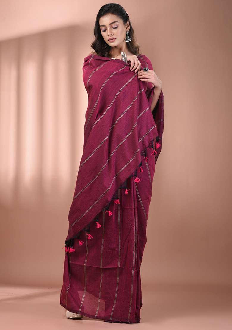 Magenta Floral Cotton Saree Set with Embroidery for Diwali | Wedding & Festive Wear - Indya