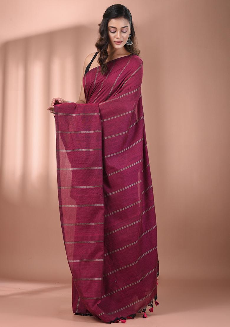 Magenta Floral Embroidery Cotton Saree Set - Indya