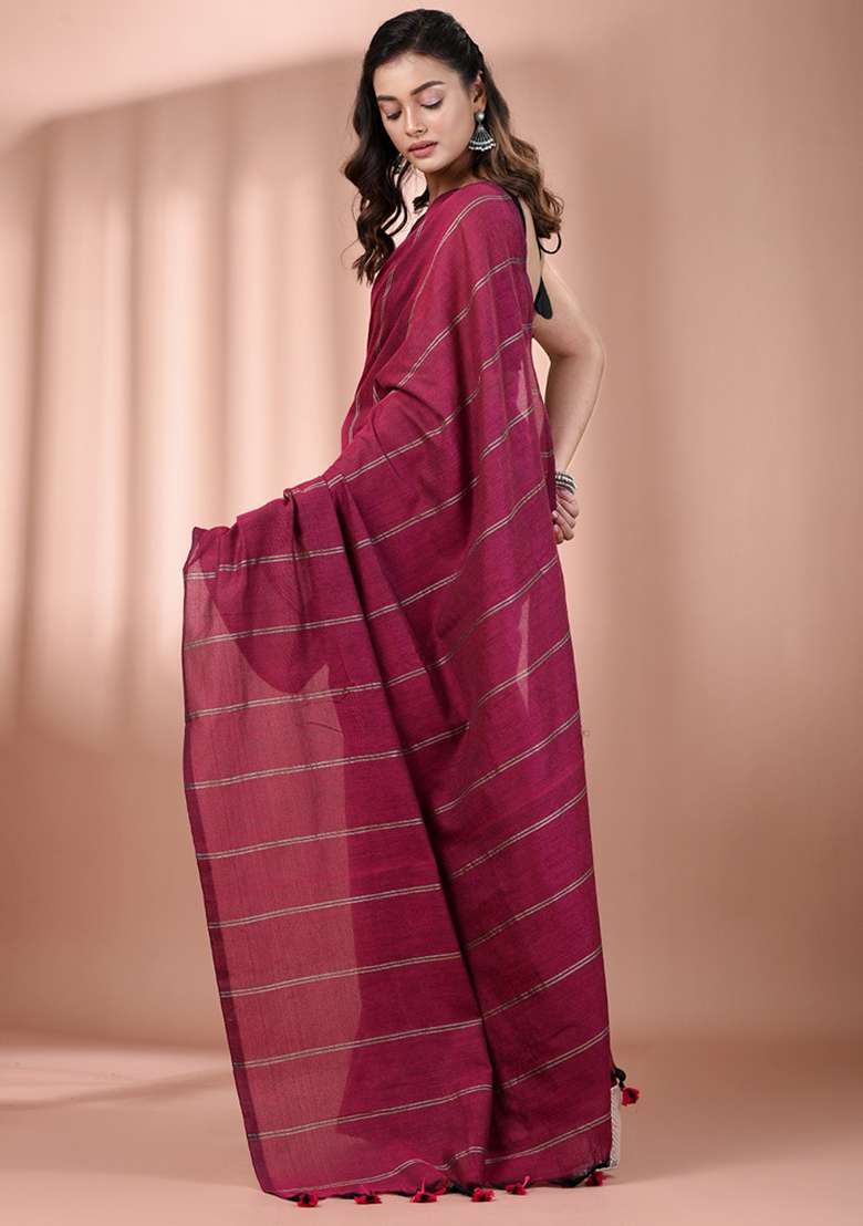 Magenta Floral Cotton Saree Set with Embroidery for Diwali | Wedding & Festive Wear - Indya
