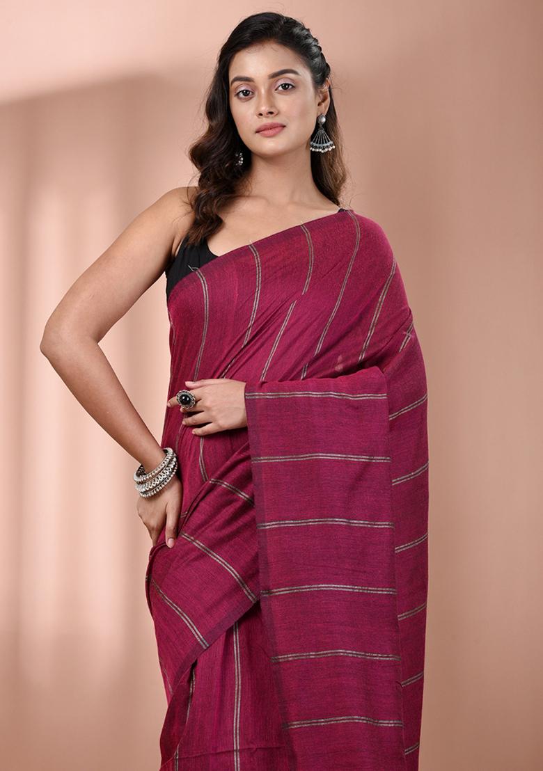 Magenta Floral Embroidery Cotton Saree Set - Indya