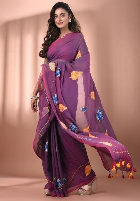 Lilac Floral Embroidery Cotton Saree