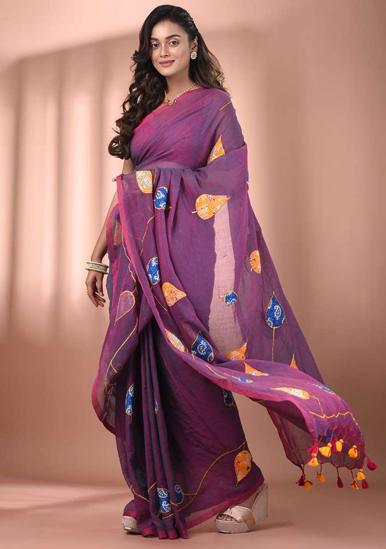 Lilac Floral Embroidery Cotton Saree - Indya