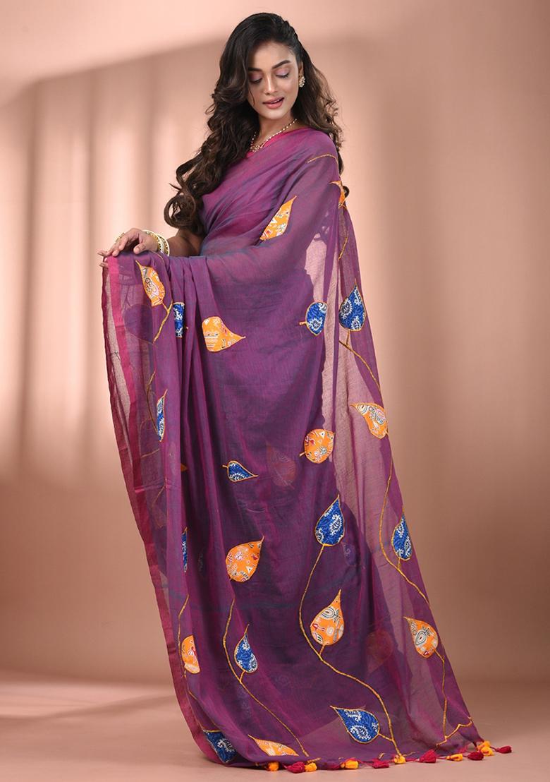 Lilac Floral Embroidery Cotton Saree - Indya