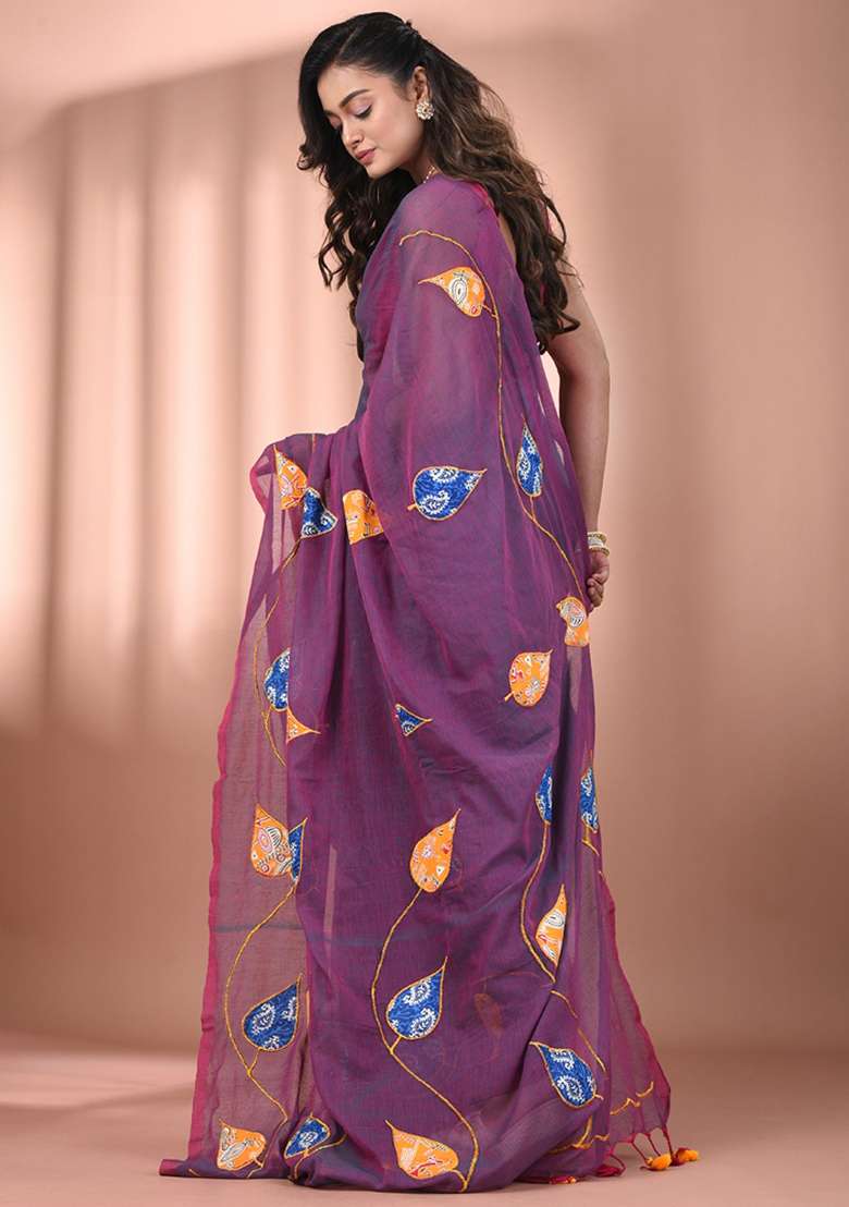 Lilac Floral Embroidery Cotton Saree - Indya