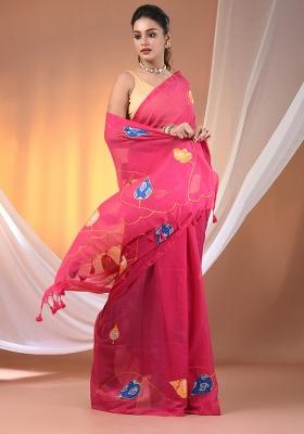 Pink Floral Embroidery Cotton Saree