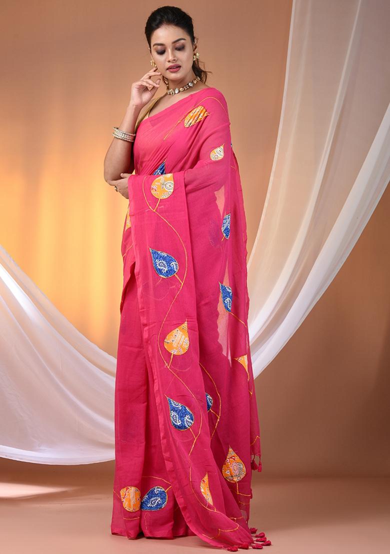 Pink Floral Embroidery Cotton Saree