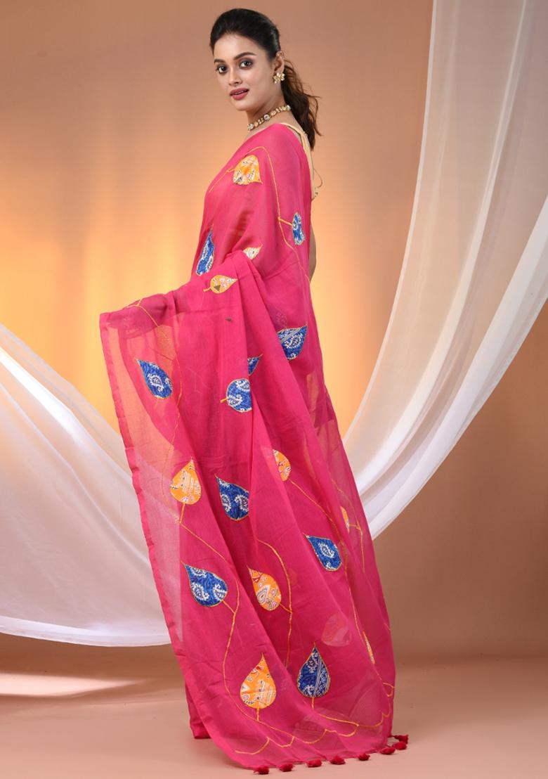 Pink Floral Embroidery Cotton Saree
