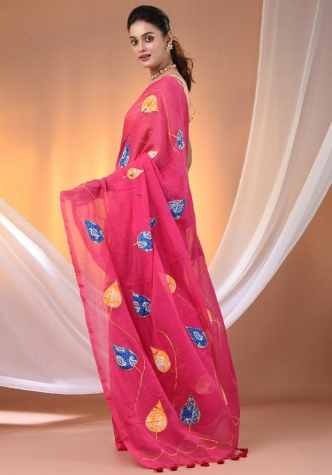 Pink Floral Embroidery Cotton Saree