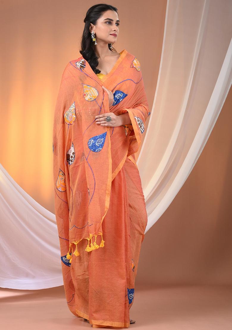 Orange Floral Embroidery Cotton Saree