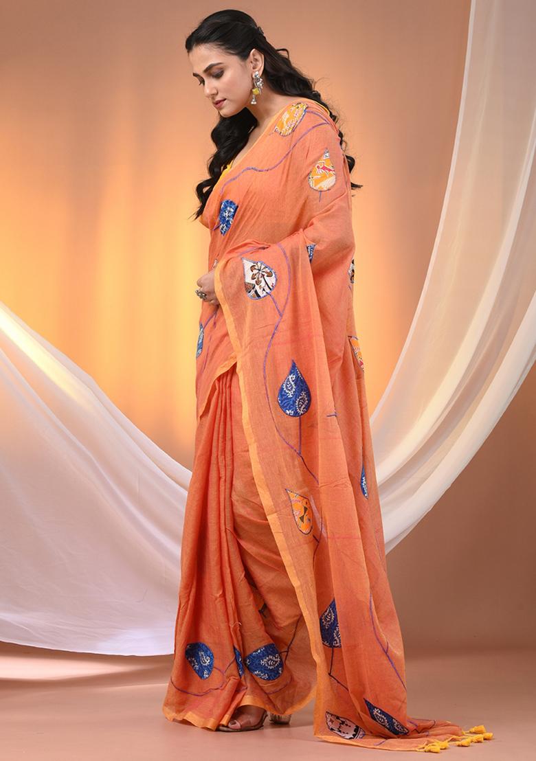 Orange Floral Embroidery Cotton Saree - Indya