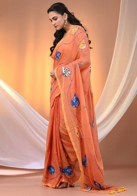 Orange Floral Embroidery Cotton Saree