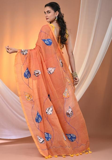 Orange Floral Embroidery Cotton Saree