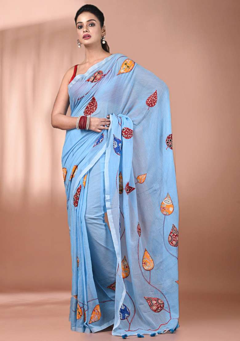 Sky Blue Floral Embroidery Cotton Saree - Indya