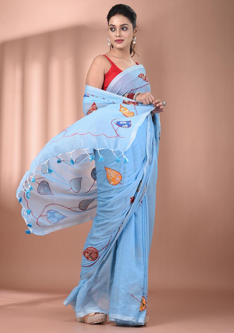Sky Blue Floral Embroidery Cotton Saree - Indya