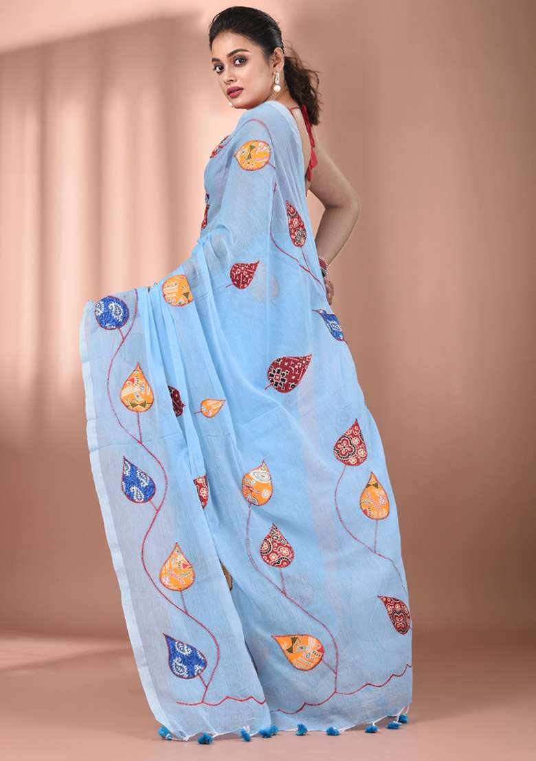 Sky Blue Floral Embroidery Cotton Saree - Indya