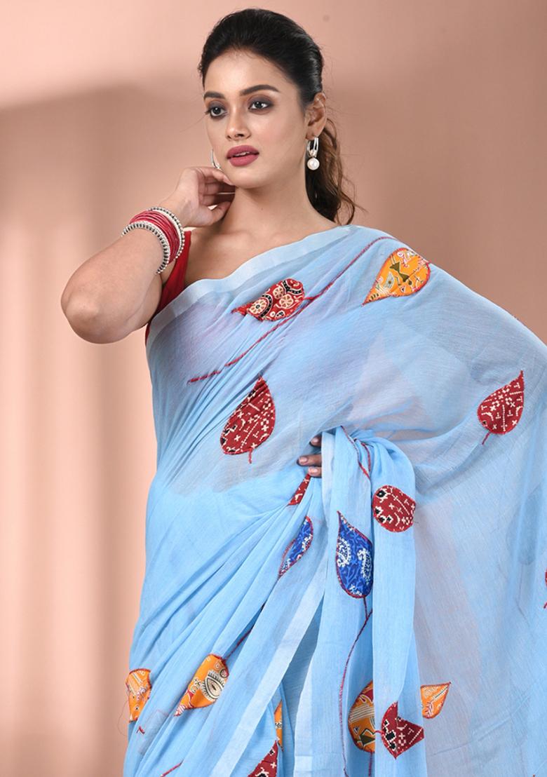Sky Blue Floral Embroidery Cotton Saree - Indya