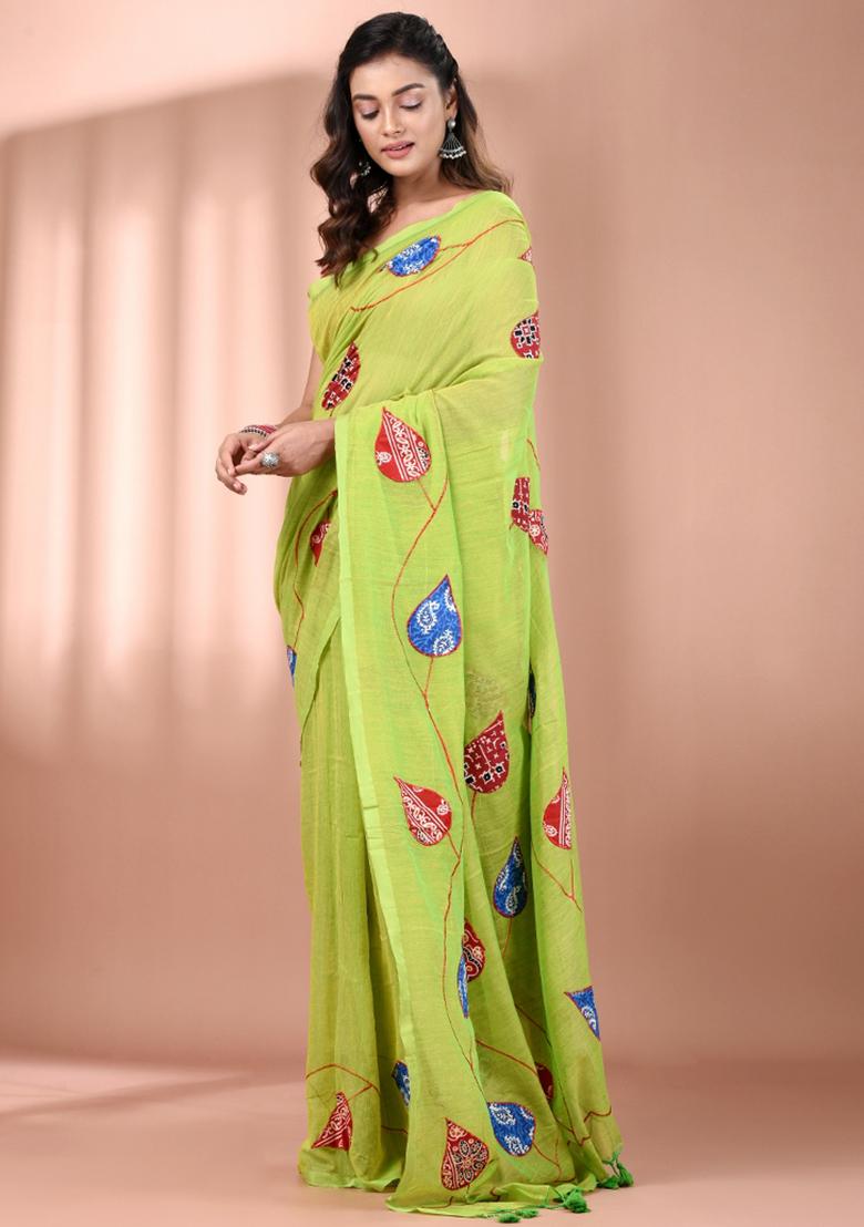 Parrot Green Floral Embroidery Cotton Saree - Indya