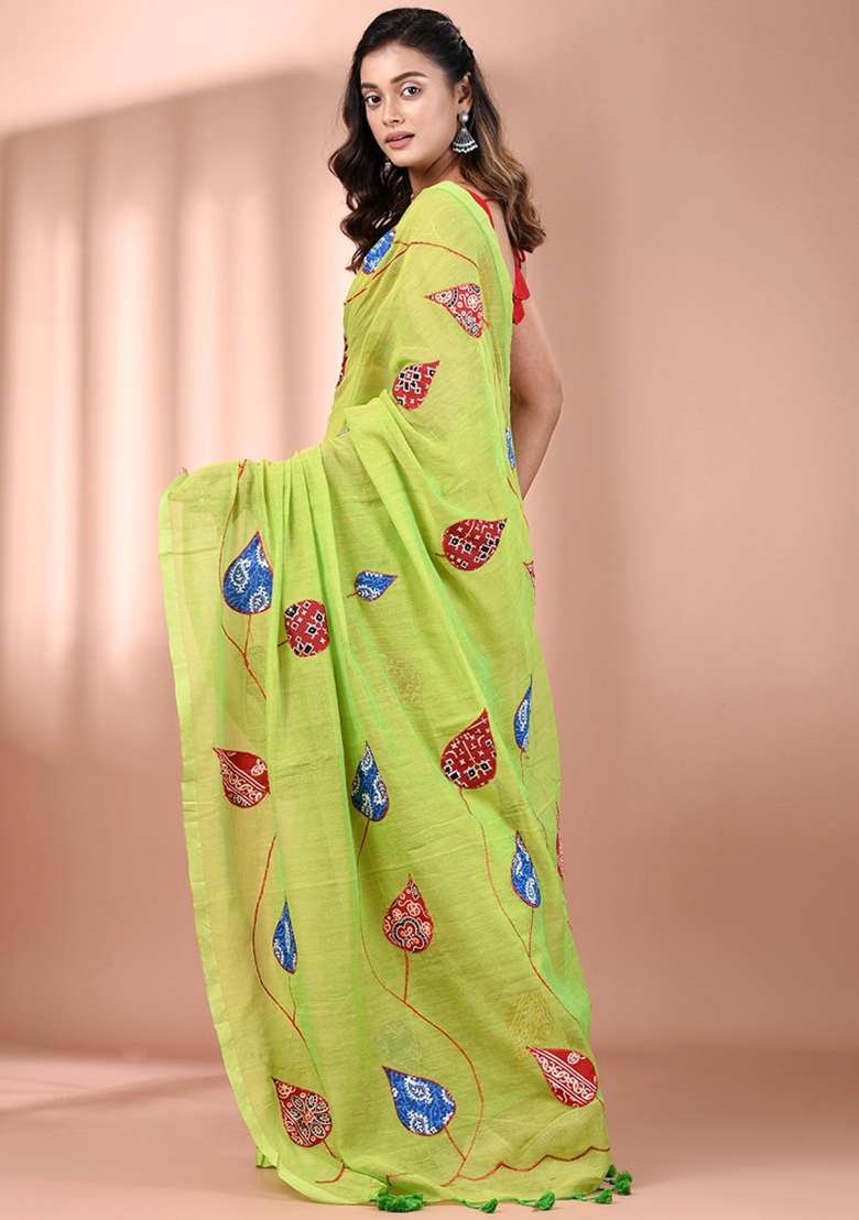 Parrot Green Floral Embroidery Cotton Saree - Indya