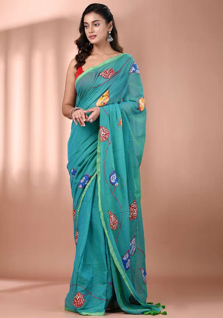 Sea Green Floral Embroidery Cotton Saree - Indya