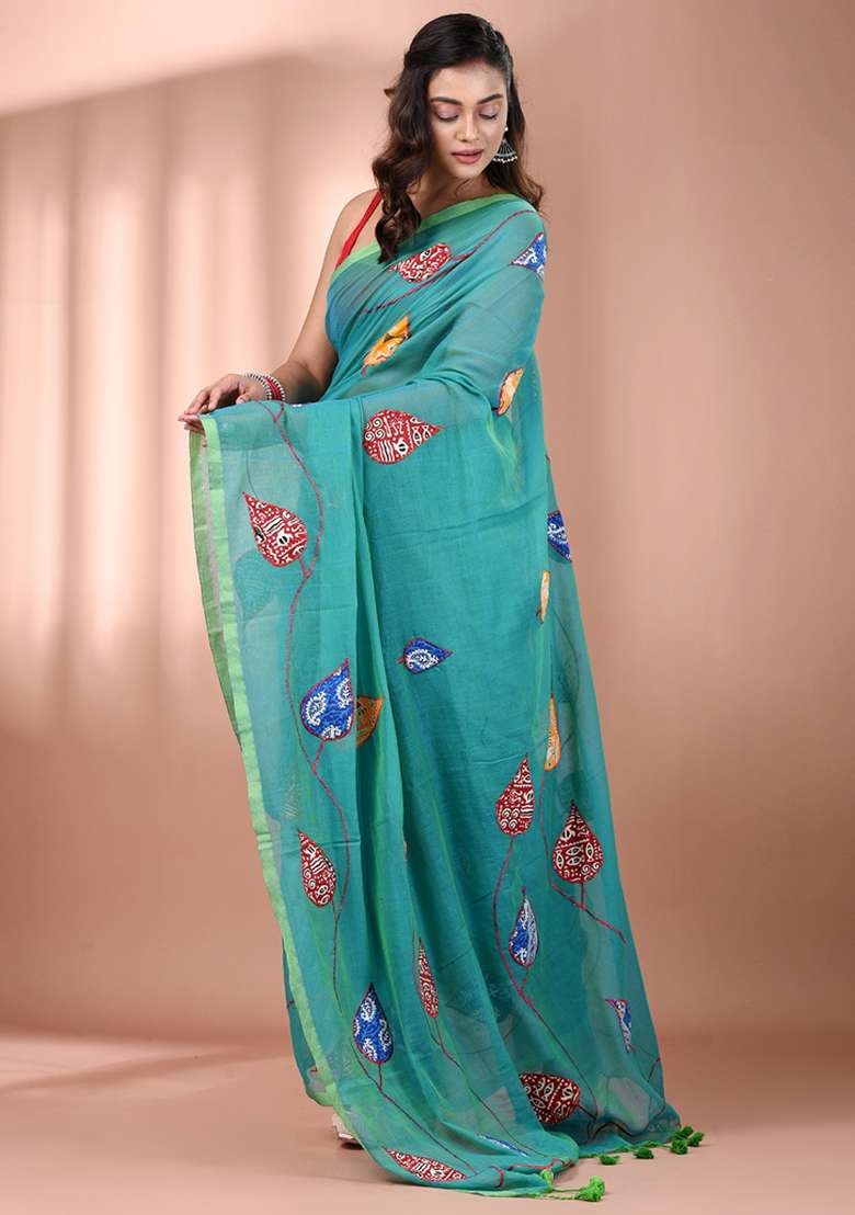 Sea Green Floral Embroidery Cotton Saree - Indya