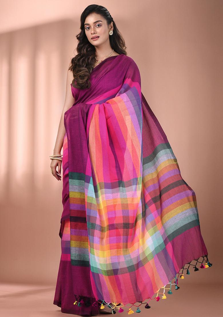 Magenta And Multicolor Floral Embroidery Cotton Saree