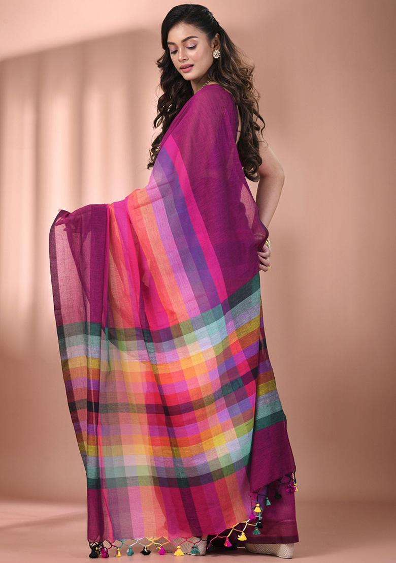 Magenta And Multicolor Floral Embroidery Cotton Saree
