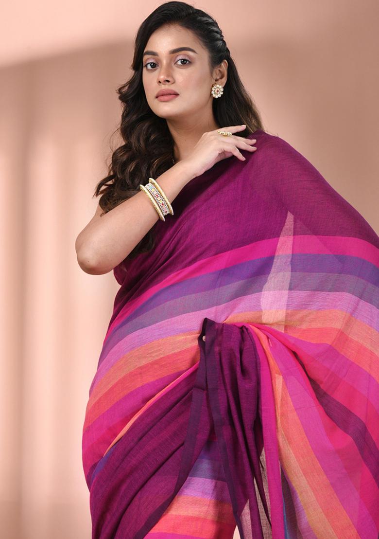 Magenta And Multicolor Floral Embroidery Cotton Saree - Indya