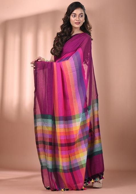 Magenta And Multicolor Floral Embroidery Cotton Saree