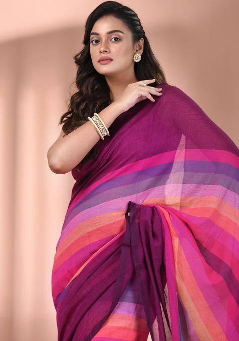 Magenta And Multicolor Floral Embroidery Cotton Saree