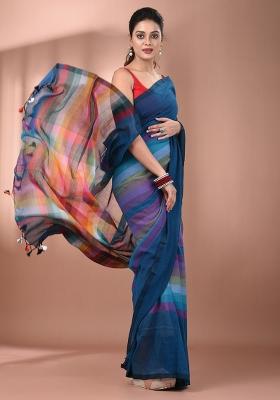 Sapphire Blue And Multicolor Floral Embroidery Cotton Saree