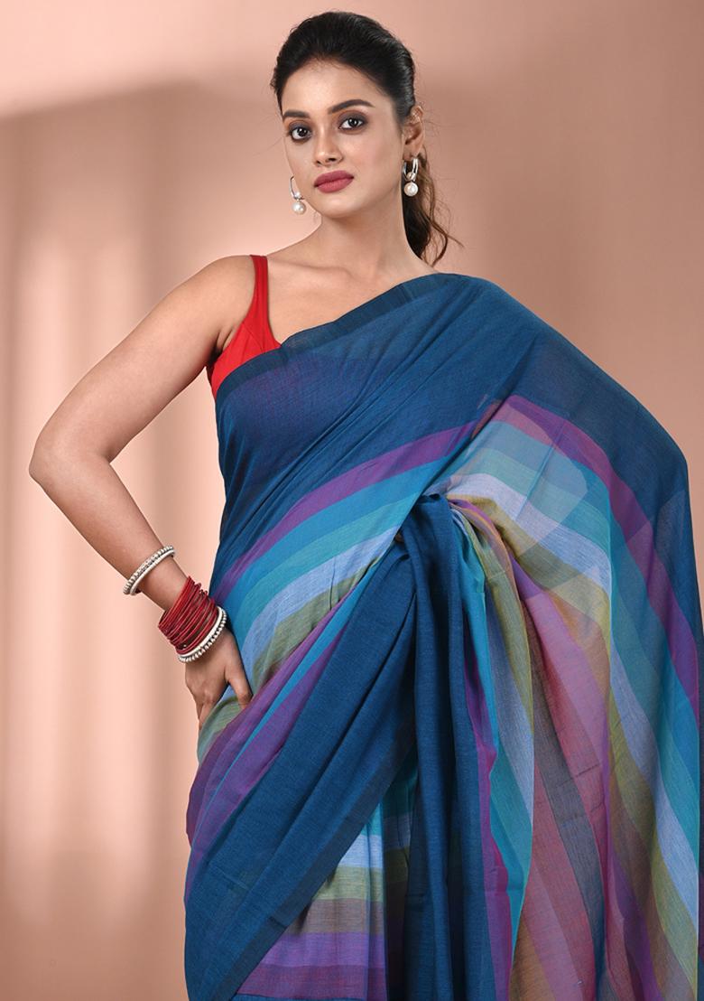 Sapphire Blue And Multicolor Floral Embroidery Cotton Saree - Indya