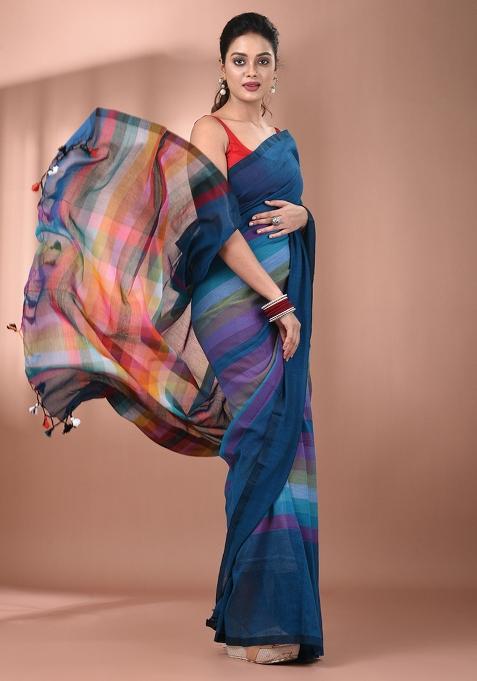 Sapphire Blue And Multicolor Floral Embroidery Cotton Saree