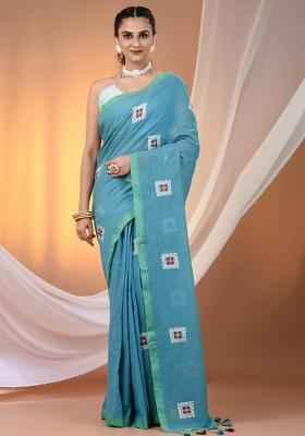 Sky Blue Floral Embroidery Cotton Saree Set
