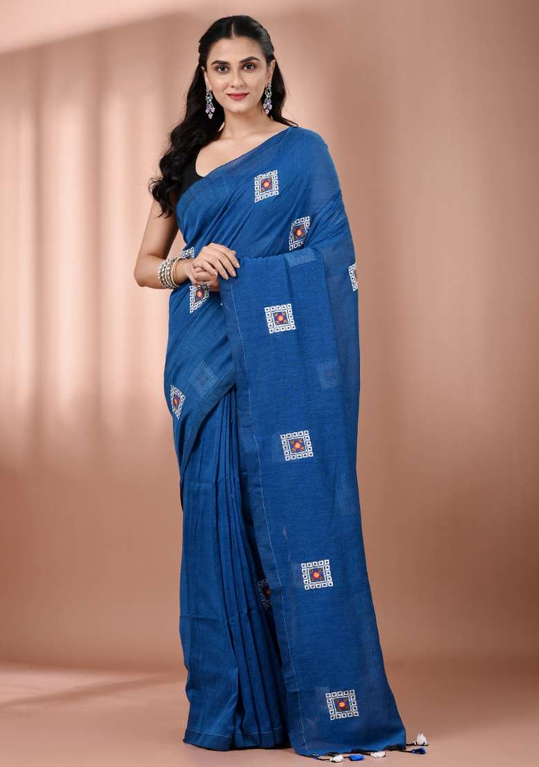 Sapphire Blue Floral Embroidery Cotton Saree Set for Diwali and Festive Wear - Indya